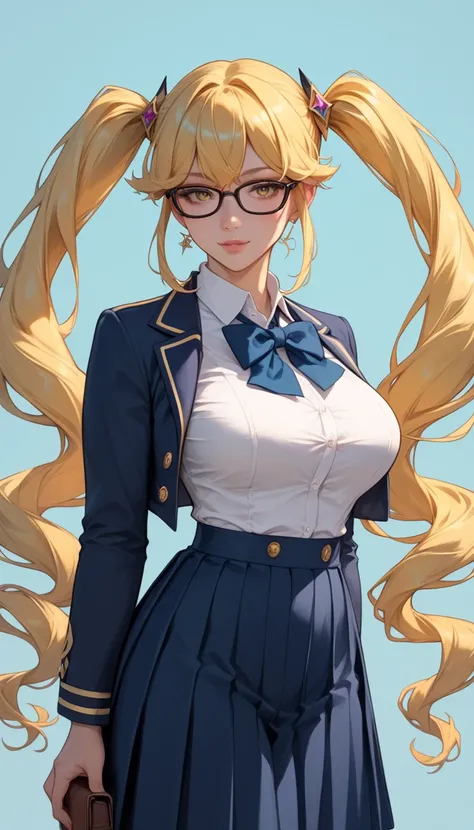 Izayoi Seishin artstyle, (score_9, score_8_up, score_7_up), (best quality, masterpiece),perfect anatomy,(aesthetic,very aesthetic),official style, (ultra-high resolution), 1girl, long yellow hair in twintail, big breasts, black glasses, blue school uniform...