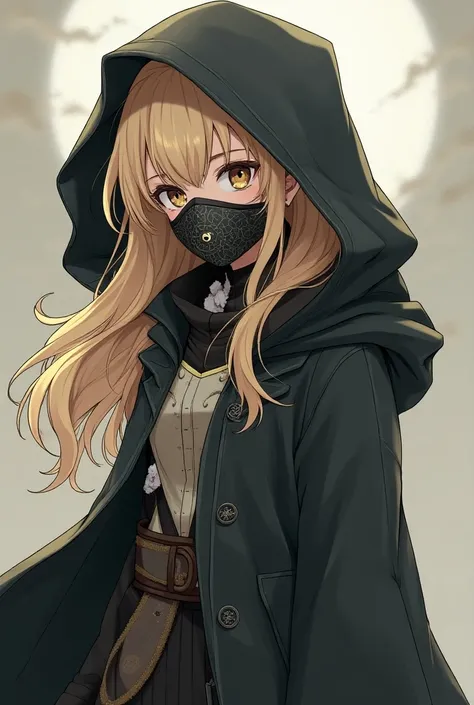 Girl of 14 there , blonde, with a mask that covers your entire face including your eyes,  that has a rune drawn ,  a hood on her head ,  a layer that reaches her waist in white with gold ,  a travel outfit with touches of armor on her breasts and arms ,  t...