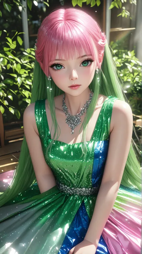 a young japanese girl with slender body, big breasts, long flowing pink and green hair, green eyes, glitter skin, covered in glitter, sparkling, 3D, anime, manga style, ulzzang, porcelain doll, bright colors, shimmers, clear details, beautiful appearance, ...