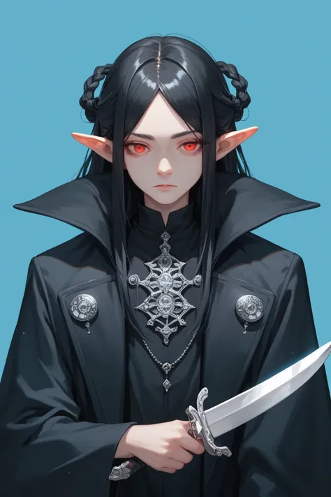 "An androgynous youth with black hair, red eyes, and pointed ears, wearing a long dark coat with silver accents, holding a dagger, against a light blue background with mystical elements, anime style, enigmatic expression, dark and elegant atmosphere."