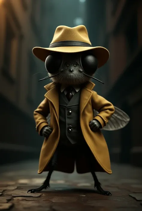 A fly perched in a detective suit