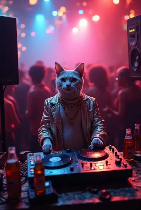 ((Best Quality)), ((masterpiece)), (  Details), DJ CAT, a charismatic figure, sporting a glittering silver jacket and a gold-chain necklace, spins disco records behind a sleek, retro-futuristic console, bathed in a kaleidoscope of nightclub lights that ref...