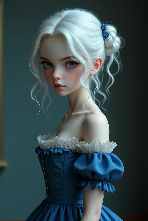 a white-haired girl with blue and long ,  short in height her eyes are blue with pale skin and a slim build wearing an intense and deep blue dress,  with a fitted bodice trimmed with delicate white lace .  A ruffled skirt widens from the waist and falls ju...