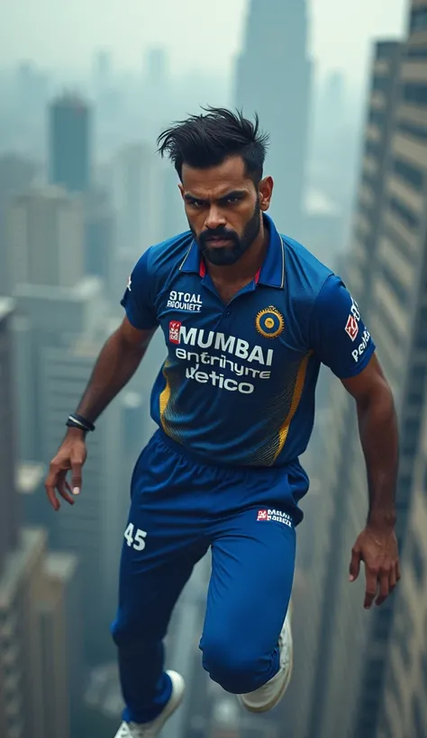 "Create a highly realistic image of Rohit Sharma falling from a tall building. He is wearing a tight, authentic Mumbai Indians jersey with his name Rohit and the number 45 clearly visible on the back. The jersey should look detailed and vibrant, featuring ...