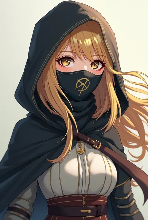 Girl of 14 there , blonde, with a mask that covers your entire face including your eyes,  that has a rune drawn ,  a hood on her head ,  a layer that reaches her waist in white with gold ,  a travel outfit with touches of armor on her breasts and arms ,  t...