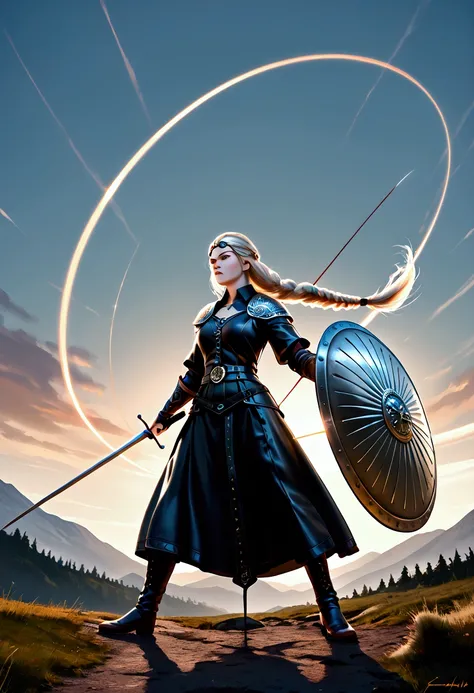 ((Long expose style, wide angle shot with detailed ambience)) A full body image of a (((female viking warrior))) in her ((fierce combat stance)), wearing a ((leather outfit adorned with fur)) and wielding ((a circular viking shield and an intricately decor...