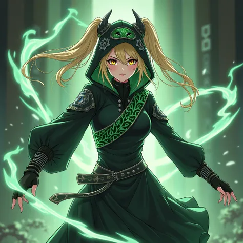 Beautiful black anime woman as a ninja black outfit, green design and silver different details what the hood different Chi elements summing any other Yokai spirits animals cool awesome different masks ￼Blonde Hair, Hair Two Side Up, 