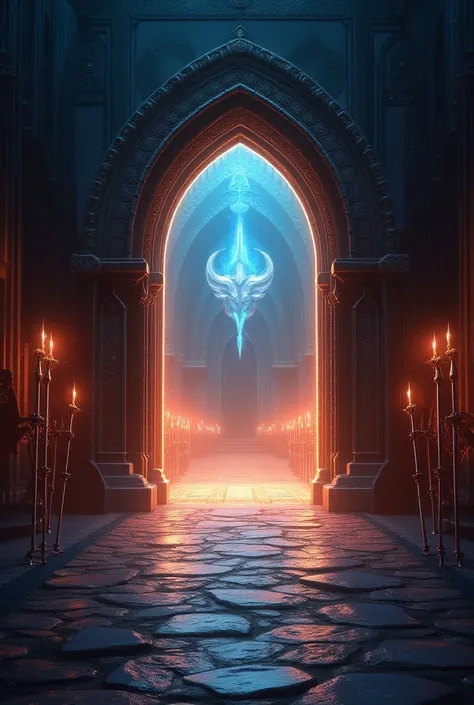 A majestic glowing door opening into a hall of tWalls inside a Viking feast hall adorned with large shiny spears in an atmosphere of glory, with blue and red lights.he Viking gods.