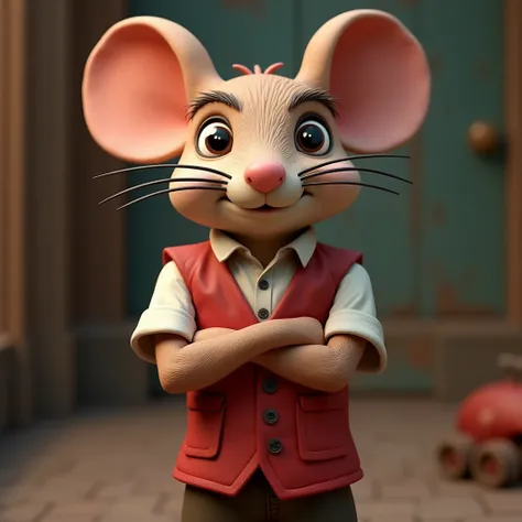 Red vest,
Mouse parent,
Bipedal walking,
Handsome,
Clay doll,
anthropomorphic mouse,
Gangster Rats,
 arm-crossed