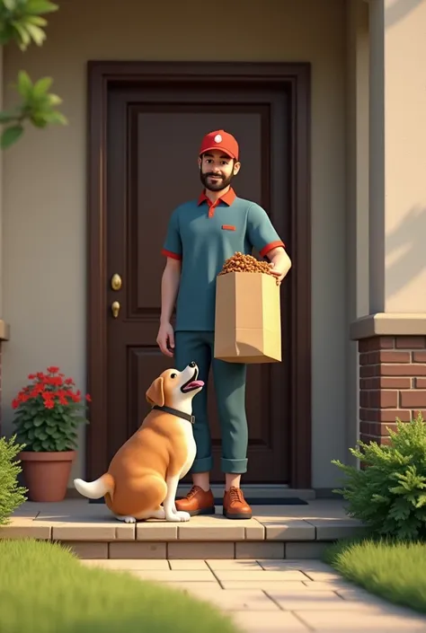 A realistic home arrives
• Description:  A delivery man comes to the door with a bag of food for the dog.
 • Visual indication :  The delivery man delivering the bag to the door ,  with the excited dog behind the human .