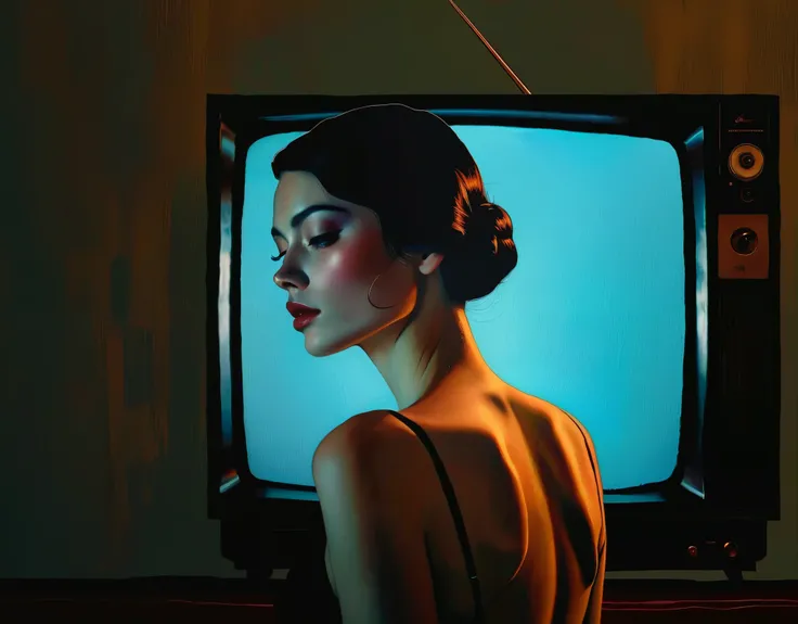 chiaroscuro technique on sensual illustration of an elegant woman, analog tape, vcr aesthetics, tv, television color, eerie, matte painting, by Hannah Dale, by Harumi Hironaka, extremely soft colors, vibrant, highly detailed, digital artwork, high contrast...