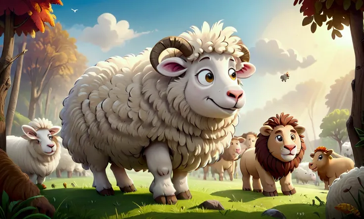  masterpiece ,         Best quality        ,         extremely detailed 8k wallpaper    ,      on a fluffy white wool sheep  ,   With your friends cow and lion