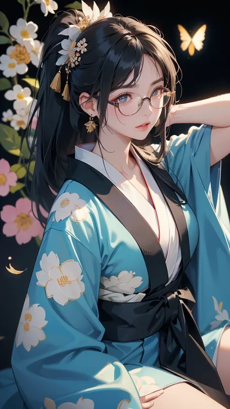 Upper body, (random porn pose),(Highest image quality,(8k),ultra-realistic,best quality, Side ponytail hair, Black hair, Wearing Glasses, high quality, small breast, high definition, Flower heandband, high quality texture,high detail,beautiful detailed,fin...