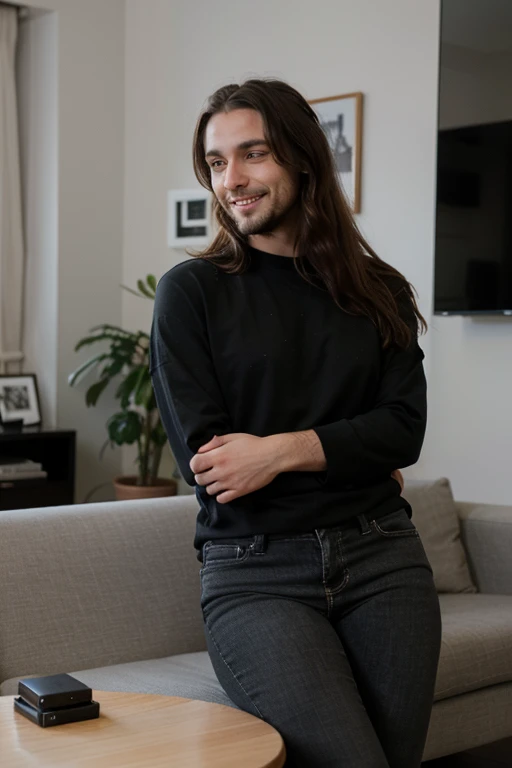 Comfortable living room background golden lights, Goth medium Long hair handsome attractive man, wearing black jeans and black shirt, Tall 1.85 metres, English Male, muscular, thin, unshaved stubble beard, olive skin, tanned, handsome green eyes, deep sigh...