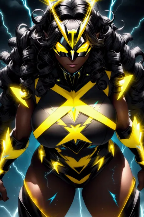 ((detailed beautiful dark skin woman super hero called thunder goddess)) curvy thick slim figure, ((dark yellow glowing weather storms in the background)) Face blush, beautiful breast, beautiful detailed big booty, (dynamic twerk pose) ((black super hero s...