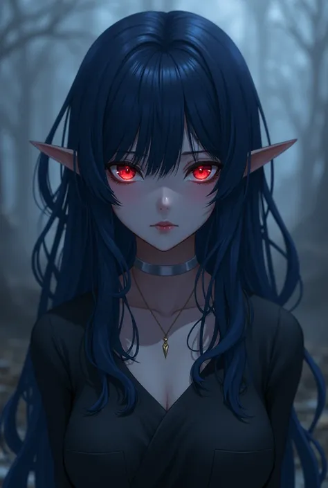 Dark blue hair and red eye dragon lady , sad and lonely mode , anime