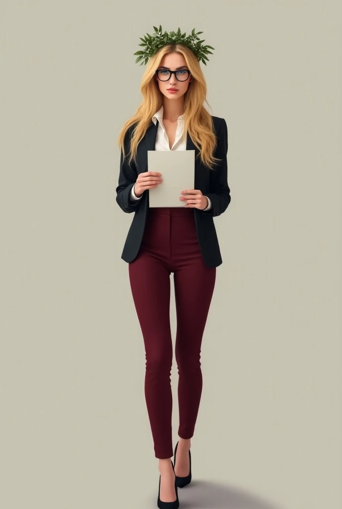 slender, sexy and long blonde girl, blue eyes, with black glasses, who has just graduated and is wearing burgundy trousers and jacket, a white shirt and heels, has a laurel wreath on her head and holds her thesis in her hands hands
