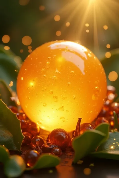  An artistic, fusion-style image where elements from honey, aloe vera, snail mucin, and apple merge into one glowing, radiant orb of natural ingredients. The textures and colors blend smoothly, with light particles and a soft, magical glow around the orb, ...