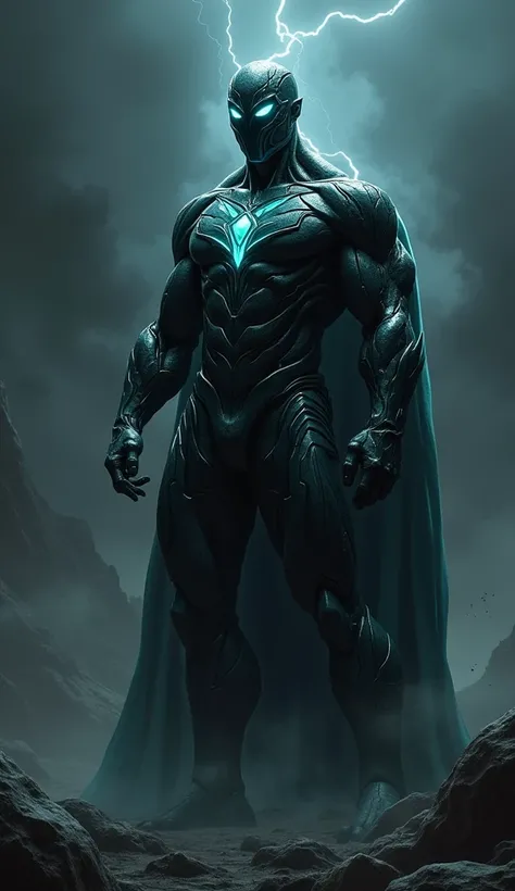 Create an image of a hybrid entity that combines the powerful form of a superhero with the dark, enigmatic qualities of an onyx diamond. This figure has the muscular build and stance of a superhero, but his body is infused with smooth, jagged onyx crystal ...