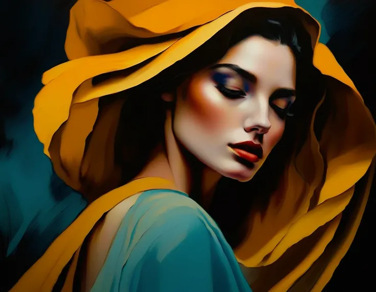 chiaroscuro technique on sensual illustration of an elegant 1980s woman, vintage beauty, eerie, the model draped in flowing, thick oil painting, by Hannah Dale, by Harumi Hironaka, extremely soft colors, vibrant, highly detailed, malcolm liepke painting, o...