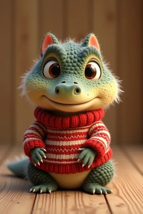 A 3D rendering of a cute round baby crocodile with big eyes and fluffy fur. The baby crocodile wears a red and white striped sweater and sits on a wooden background. The overall image has a warm color palette.