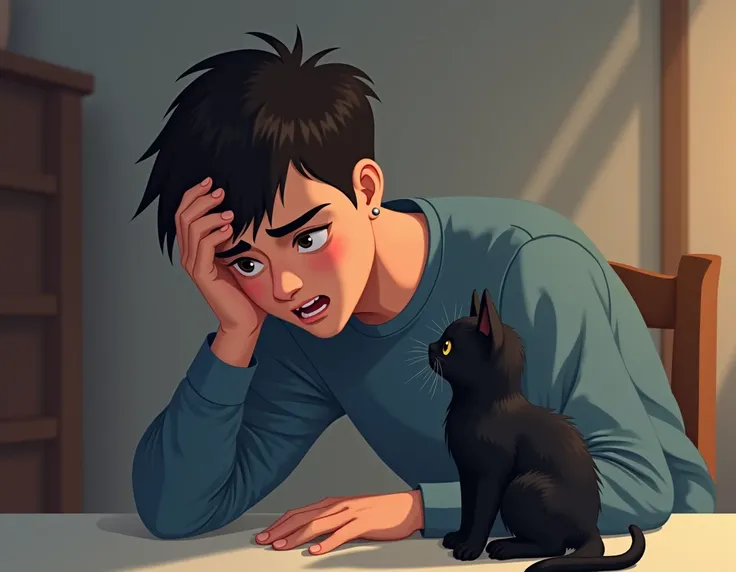 20-year-old boy sitting clutching his head because of a pain he feels and next to him is his little black kitten, The boy must wear a dull blue shirt 