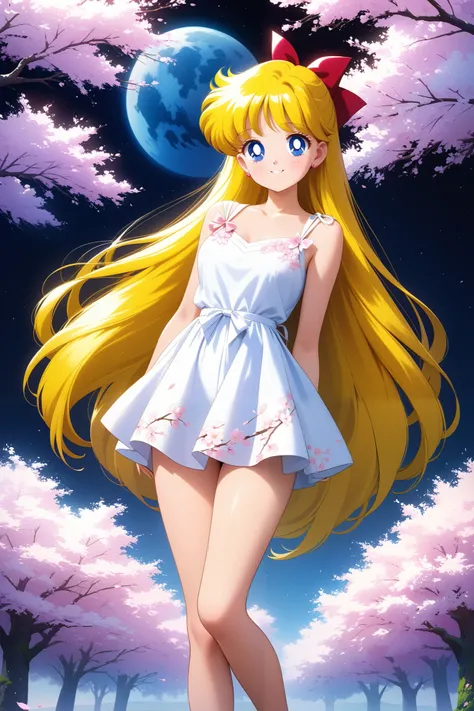 colorful, (masterpiece, best quality, very aesthetic , ultra detailed), intriguing details , 4K, aavenus, long hair, blonde hair, combed to the side, earrings, blue eyes, 1girl, usagis birthday, cute white dress, pink cherry blossoms printed, smile,  detai...