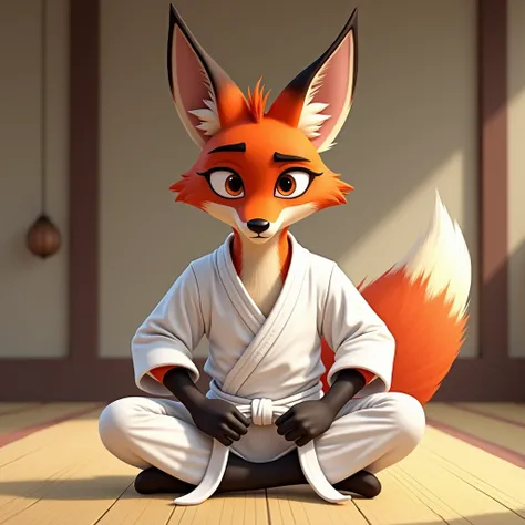 Digital art ,white belt zootopia  male fox  wearing a White  Jiu Jitsu gi tying his white belt  in tatami 