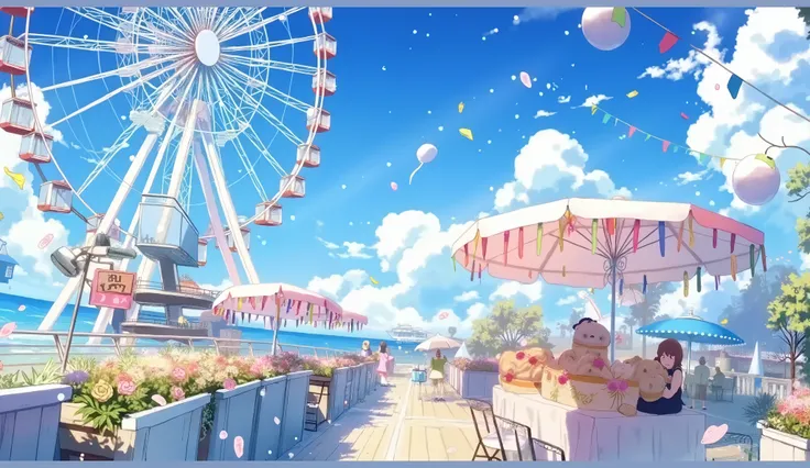 Enjoy the gentle touch of the ocean breeze ，There are pink clouds in the sky ， There is a colorful amusement park ，There is a small stall selling lollipops and sugar gourds next to 。 No one inside ，, the ferris wheel slowly rotates ， Bringing the car to th...