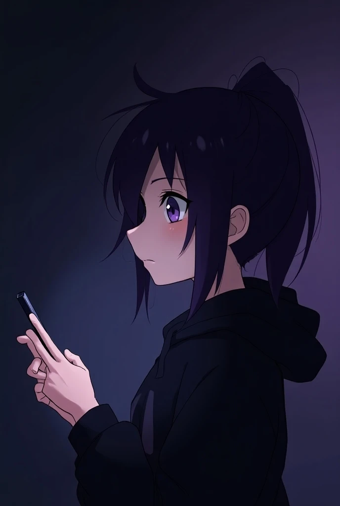 Gamer , dark background , Anime girl , dark purple hair , modern day mullet hair style , black hoodie , purple eyes , almond eye , plays mobile game , side view, victim of a malware, hacked