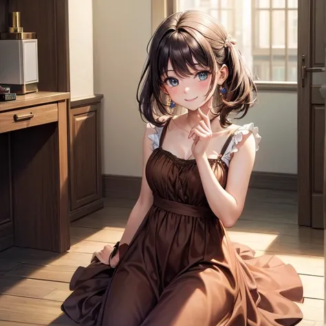 ((masterpiece,Best Quality)), 4K,  Hi-Res,  1 girl, Alone, smile, Brown dress, (Perfumer&#39;s Outfit 2:1.2), 