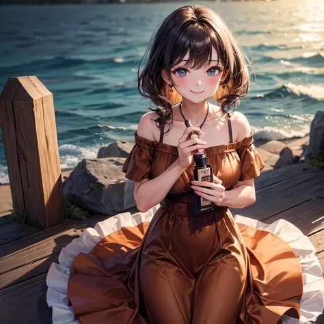 ((masterpiece,Best Quality)), 4K,  Hi-Res,  1 girl, Alone, smile, Brown dress, (Perfumer&#39;s Outfit 2:1.2), 