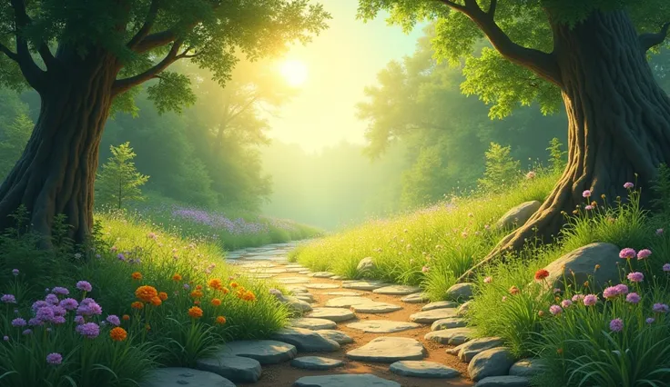 **Image 4:**  
    A rocky path between green trees , with flowers and bright light in the background ,  symbolizing the journey of faith and personal growth .  This image should inspire confidence and hope for a prosperous future.