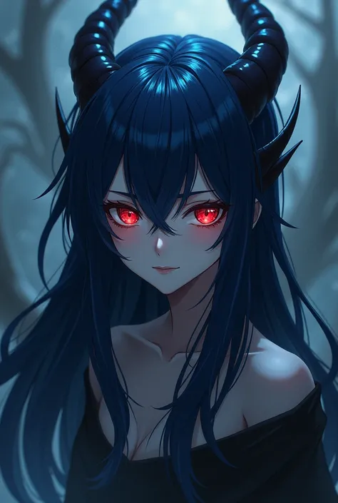 Dark blue hair and red eye dragon lady , sad and lonely mode , anime