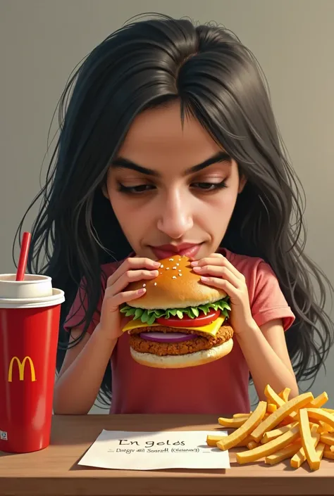  Arab brunette girl eating a McDonalds Happy Meal, Chicken burger  , french fries, soda,   a note with the word written Chachi and Veneno  