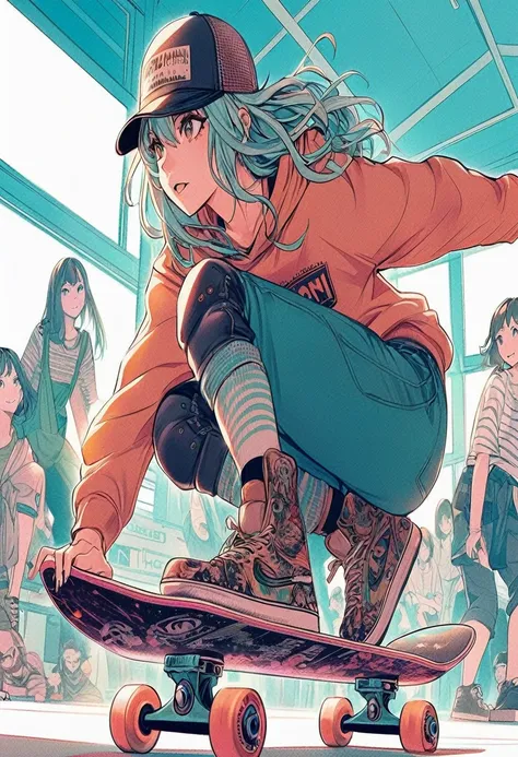 anime girl riding a skateboard in a crowded area with people, ross tran style, urban girl fanart, anime style 4 k, skateboarding, inspired by NEVERCREW, anime style illustration, in the style of ross tran, skateboard, skateboarder style, artgerm and atey g...