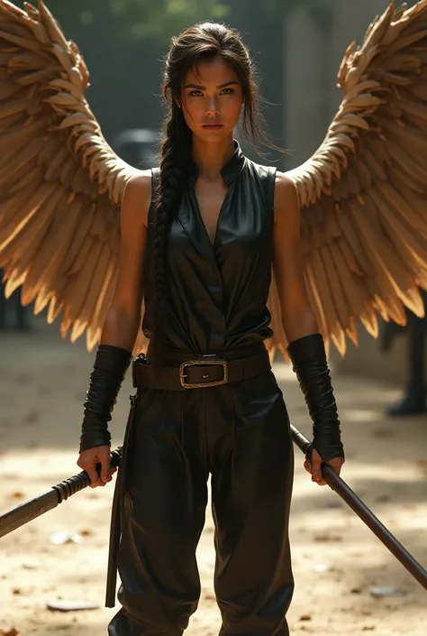 A diminutive half-elf warrior with European features stands in a dynamic combat stance, her dark hair in a Dutch braid and her griffon wings shining in the sunlight. Her dark leather vest and loose silk blouse accentuate her curves, while her tight silk tr...