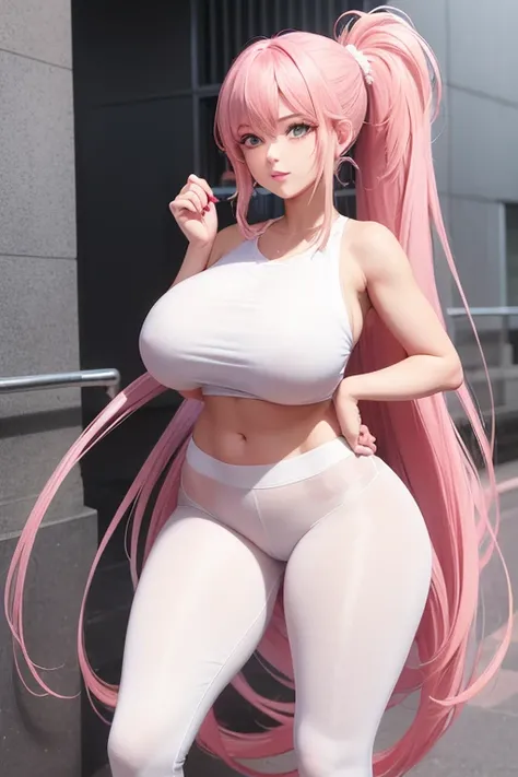 woman, corpo sexy,  Super big breasts , super long pink hair ( ponytail ), milf, casual pose,  perfect body , top white, tennis, pink leg pants with white detail,  perfect legs ,  thick thighs , in the square.