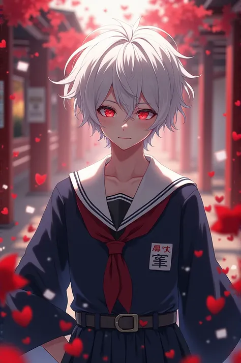 8ｋ, top quality,masterpiece,  sharp focus ,High school boy with white hair , Red eyes, is wearing a sailor suit.