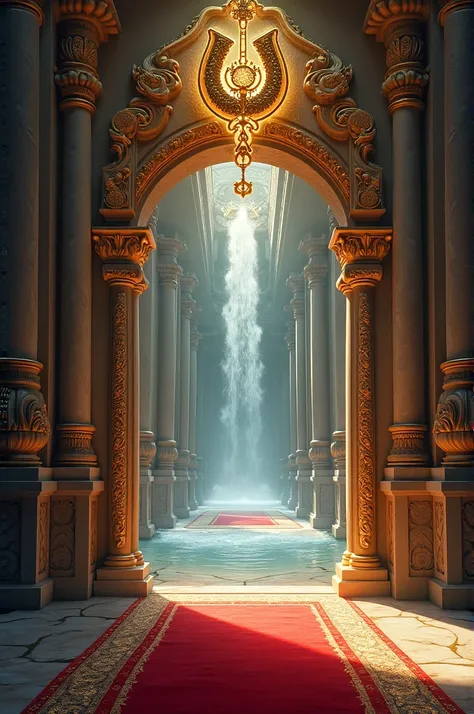 Heavenly door with horseshoe and key made of precious pearls ,  inside the door there is a corridor with heavenly doors ,  the corridor has a red alfonta where a river of water comes out of a room at the end of the corridor