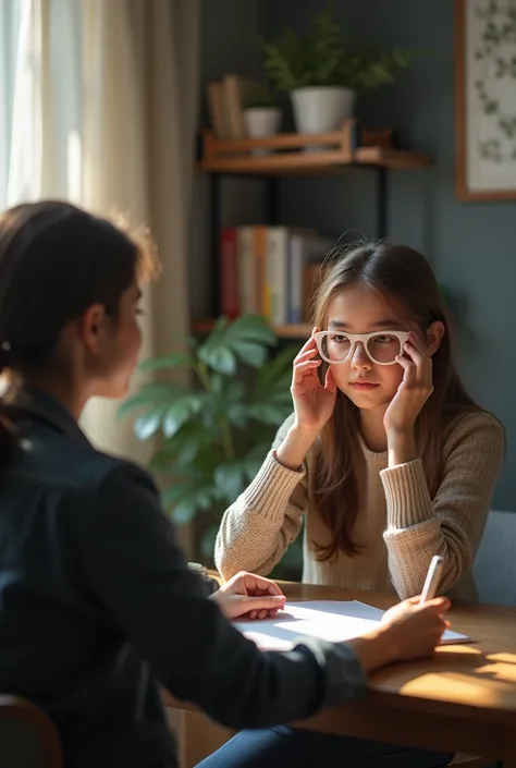 image that represents a psychologist IN A PSYCHOLOGICAL INTERVIEW a 15-year-old girl with drawing lenses
