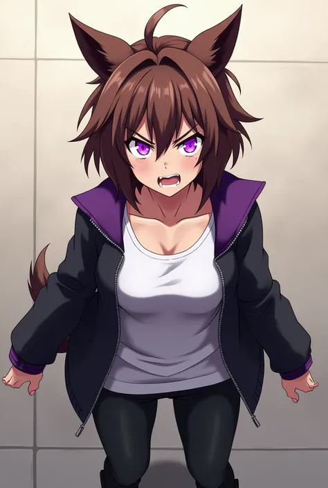 Anime tall adult female, short brown hair, brown dog ears,  white shirt, black purple clothing zip up jacket,black boots, angry, glowing purple eyes