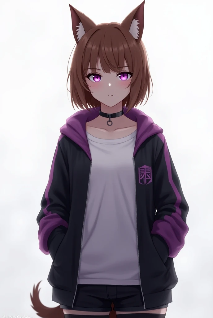 Anime tall adult female, short brown hair, brown dog ears,  white shirt, black purple clothing zip up jacket,black boots, serious,glowing purple eyes