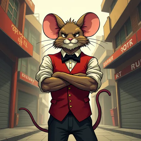 Red vest,
Mouse parent,
Bipedal walking,
Handsome,
Manga style,
gang,
 arm-crossed