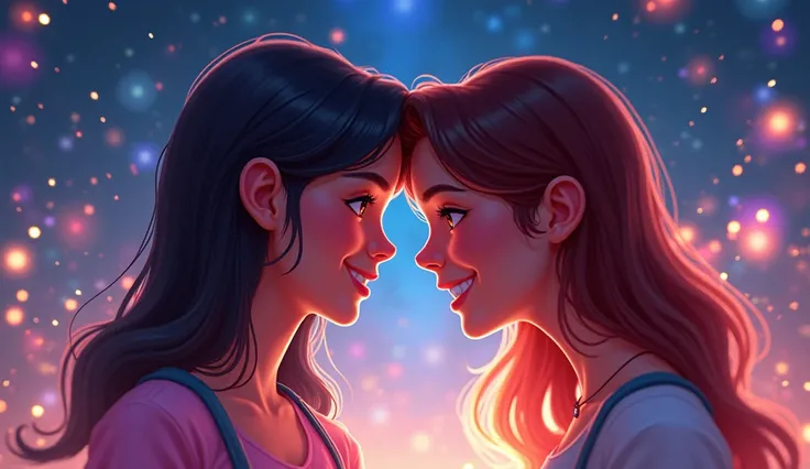 "They share a playful moment, touching foreheads as they smile, with colorful light reflections around them. Stars and glowing trails continue to frame them, adding a sense of magic and spontaneity."