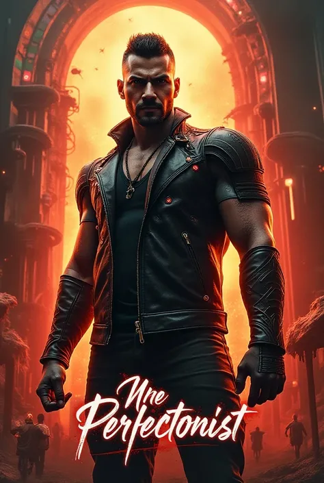 ((Akshay Kumar)) A cinematic poster titled "Mr.Perfectionist" with a sci-fi setting. There is a Aamir Khan figure with silver eyes and skin adorned with glowing fractals. He is wearing a retro leather outfit combined with glowing armor with undercut hair. ...