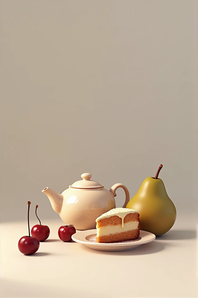 On the table one teapot with one pice of cake , beside it two cerry and one pear 