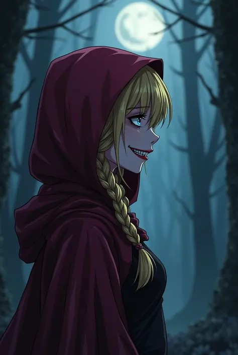 Bloody villainous vampire with an anime-style smile on her face looking in profile with no cleavage on her body with blond hair with double braids and a red-violet hoodie covering her head while she is in the middle of a forest at night