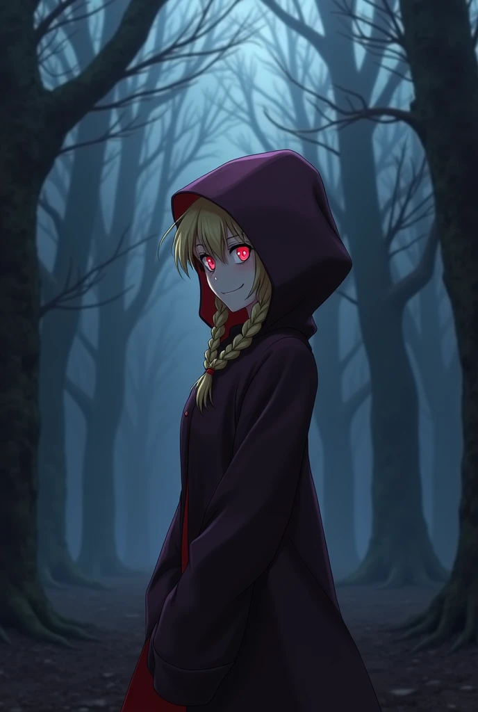 Bloody villainous vampire with an anime-style smile on her face looking in profile with no cleavage on her body with blond hair with double braiding and a red-violet hoodie covering her head while she is in the middle of a forest at night completely pollut...