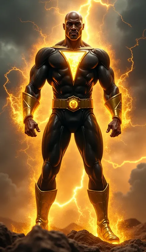 Black Adam, the powerful anti-hero, stands with an aura of raw energy, his muscular figure radiating strength and confidence. His traditional black and gold costume is highlighted by the glowing lightning bolt symbol on his chest. Around his wrist, he wear...